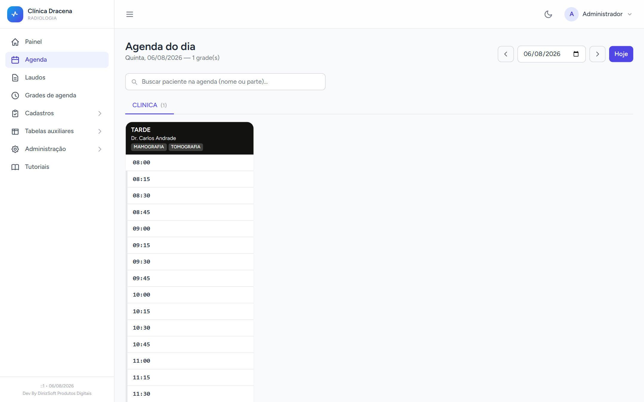 Tela do sistema D-Clínica: agenda do dia