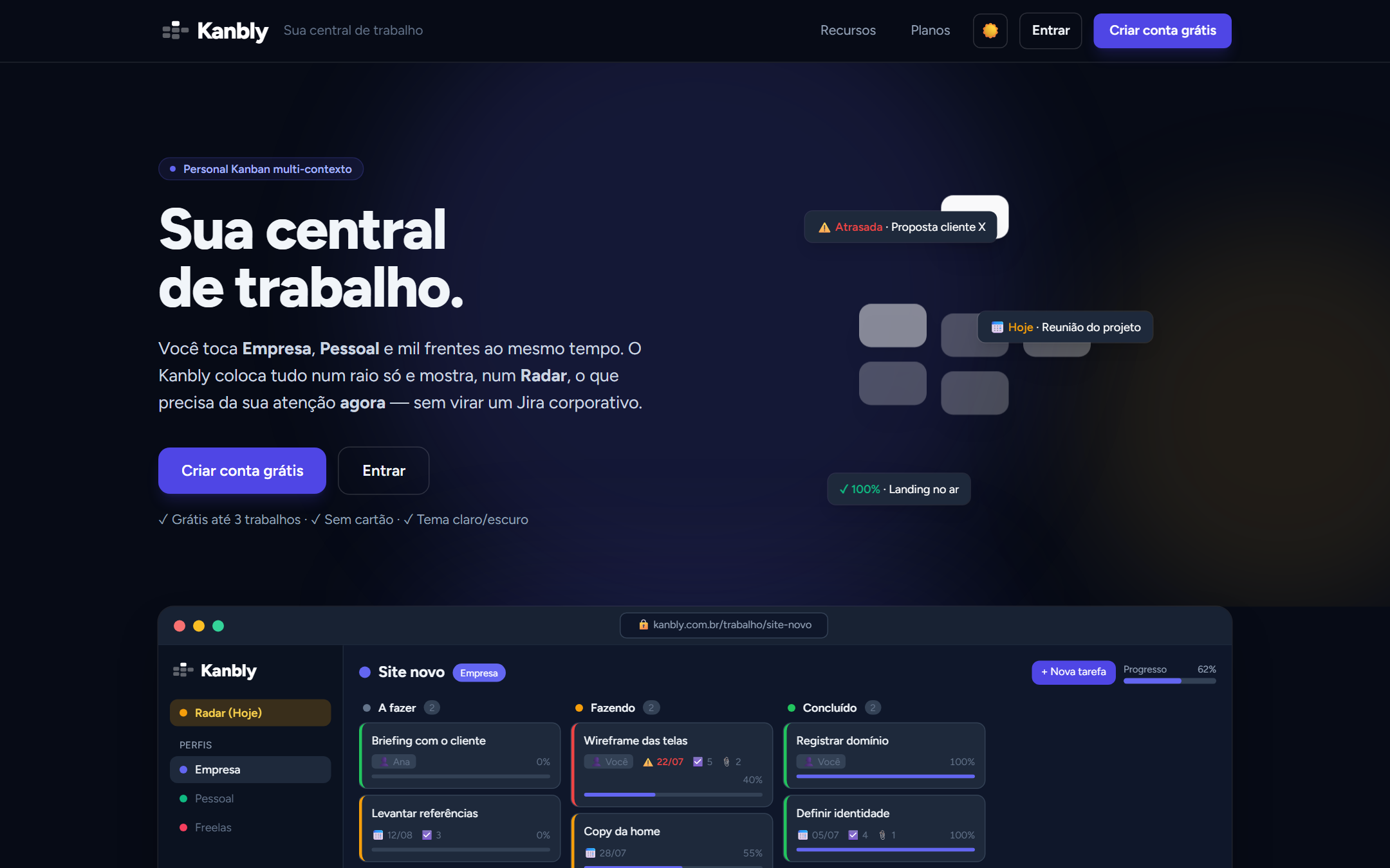 Tela do Kanbly: quadro Kanban multi-perfil